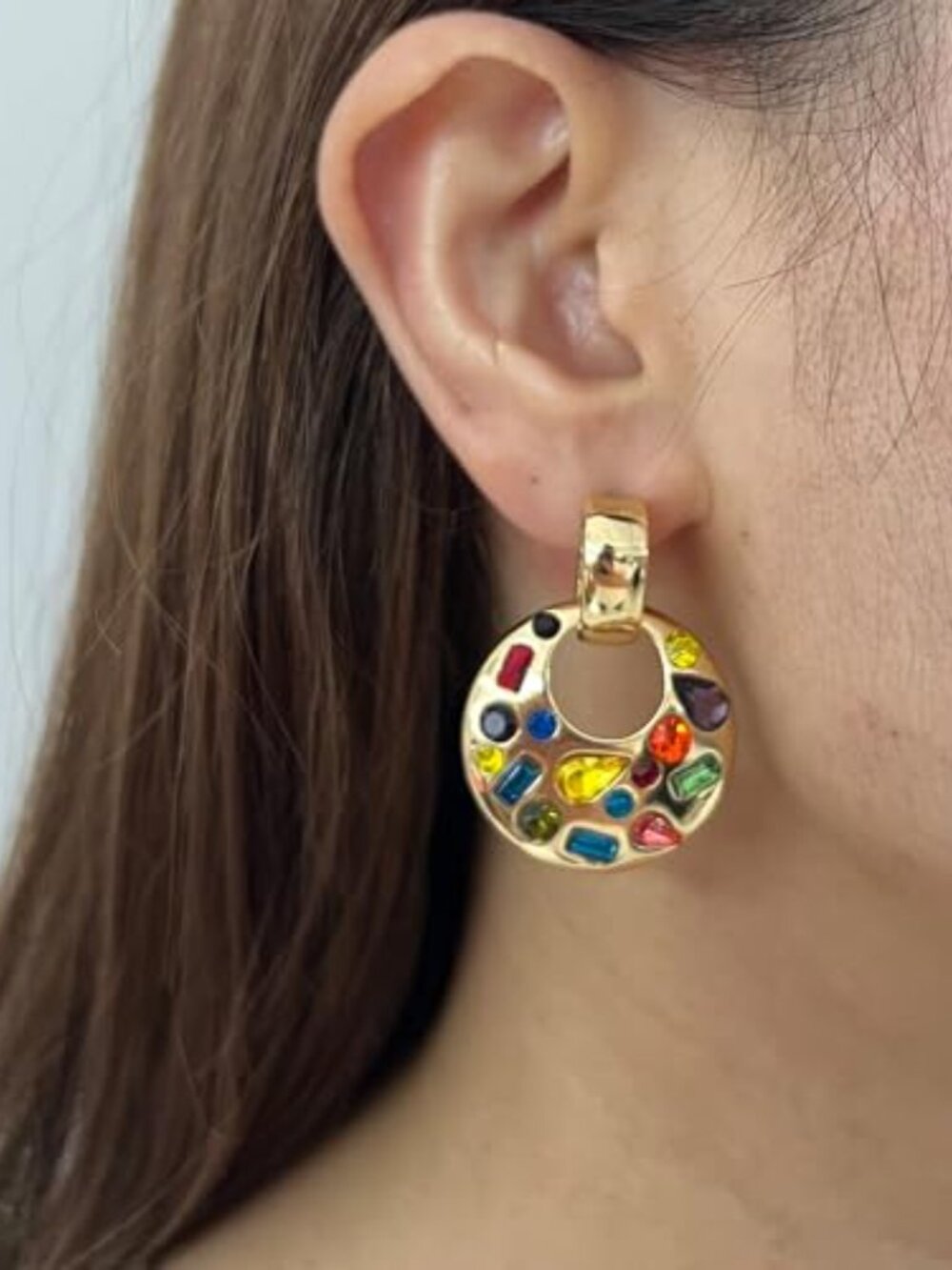 Statement Gold Drop Earrings,Chunky Dangle Door Knocker Earrings with Multicolor - Picture 2 of 3